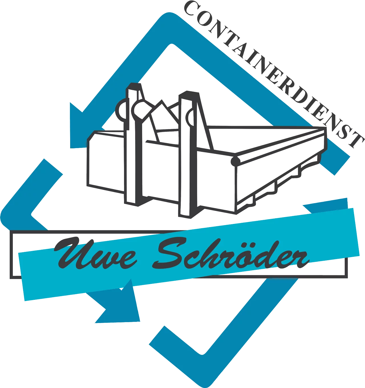 Firmenlogo Uwe Schröder Containerdienst mit stilisiertem Container und blauen Pfeilen